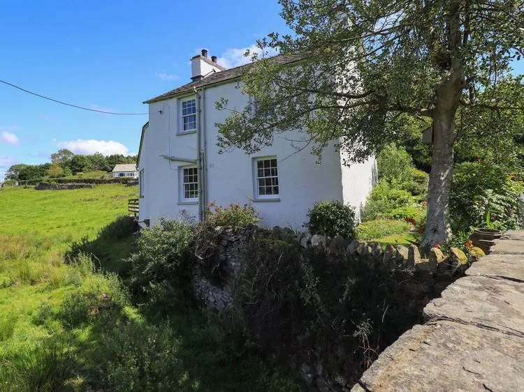 A white house with windows near a stone wall and tree in a grassy rural area at Ellis Howe in Torver